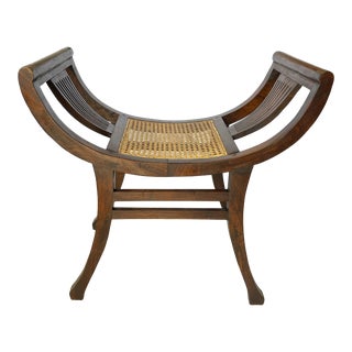 Vintage Regency Style Curule Solid Mahogany X Bench With Cane Seat For Sale