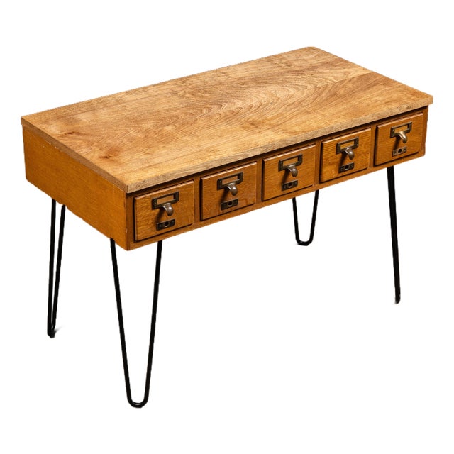 Vintage Oak Card Catalog on Hairpin Legs For Sale