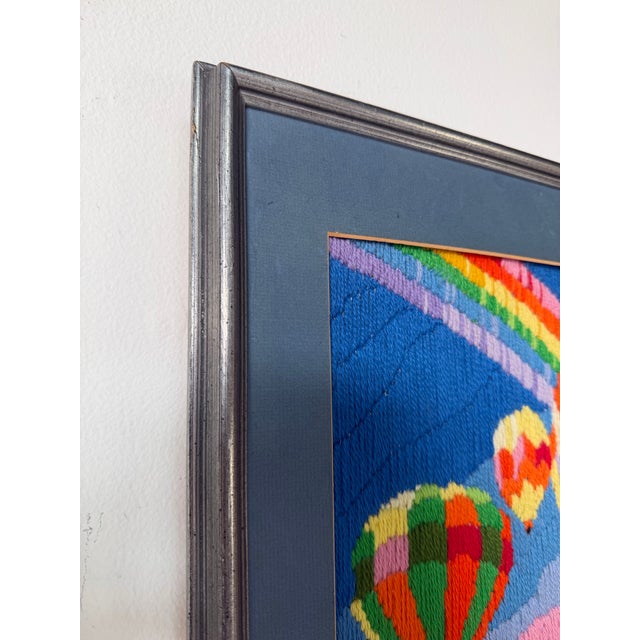 1982 Vintage Needlepoint Hot Air Balloon & Rainbow Artwork – Framed For Sale - Image 12 of 12