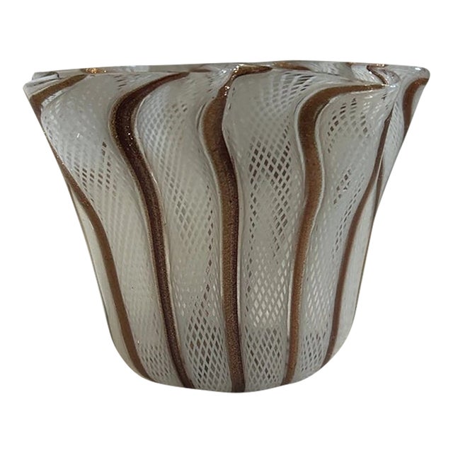 Vintage Murano Petite White Latticino and Gold Stripe Glass Handkerchief Vase For Sale