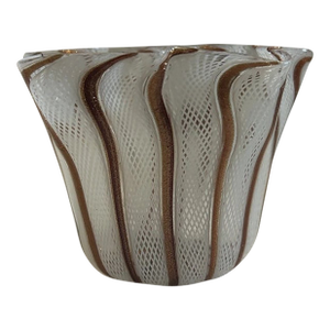 Vintage Murano Petite White Latticino and Gold Stripe Glass Handkerchief Vase