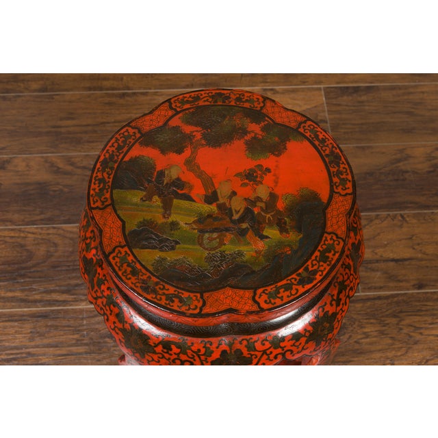 Black Chinese Ming Dynasty Style 1920s Red and Black Lacquered Drum Stool or Table For Sale - Image 8 of 12