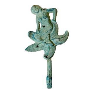 1970s Vintage Nautical Coastal Cast Iron Verdigris Mermaid Wall Hook For Sale