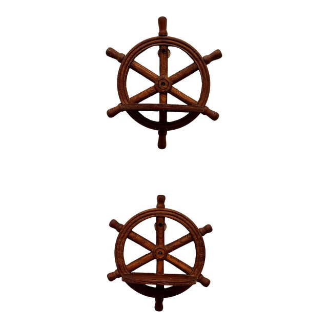 Vintage Nautical/Coastal Solid Wood Ship Wheel Wall Shelves, a Pair For Sale