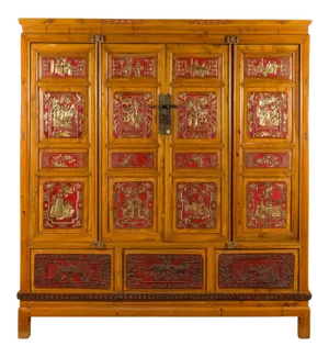 Qing Dynasty 19th Century Chinese Hand Carved Armoire with Gilt Painted Panels