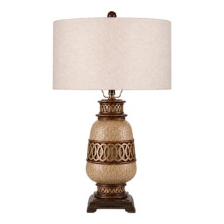 Late 20th Century Crackle Urn Table Lamp With Decorative Openwork Bands & Linen Drum Shade For Sale