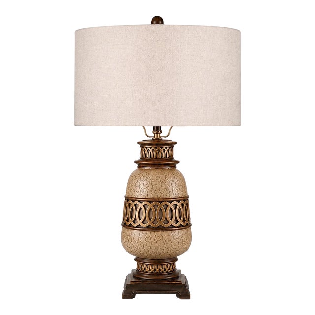 Late 20th Century Crackle Urn Table Lamp With Decorative Openwork Bands & Linen Drum Shade For Sale