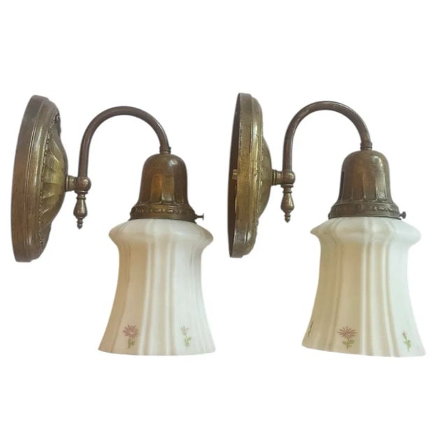Shabby Chic Pair of White Cased Glass Painted Shades on Brass Wall Sconces, Circa 1920 For Sale - Image 3 of 5