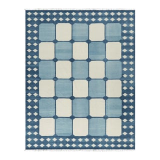 Rug & Kilim’s Contemporary Dhurrie Rug in Blue With White Geometric Patterns For Sale
