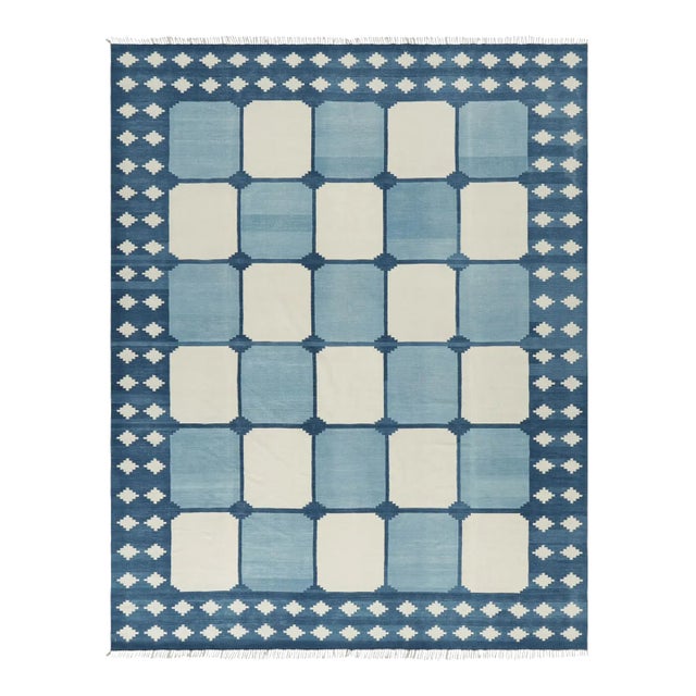 Rug & Kilim’s Contemporary Dhurrie Rug in Blue With White Geometric Patterns For Sale