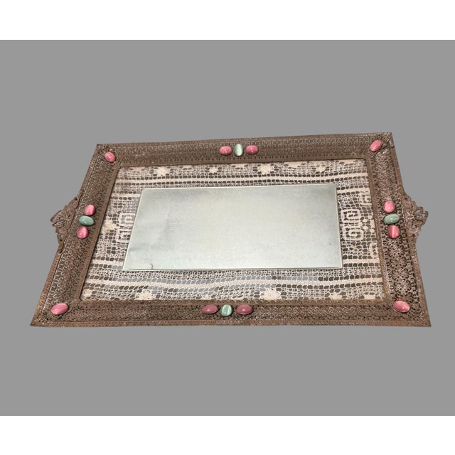 Vintage Jewel Decorated Reticulated Metal Framed Mirrored Vanity Dresser Tray For Sale - Image 6 of 6