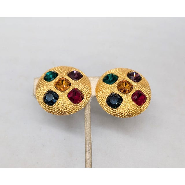Napier Vintage Signed Napier Round Goldtone Jewel Tone Rhinestone Clip Earrings-2 Pieces For Sale - Image 4 of 7