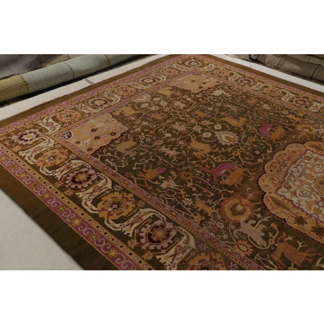 Rug & Kilim Antique Amritsar Rug in Greenish-Brown, Pink & Gold Medallion With Pictorials For Sale - Image 4 of 8