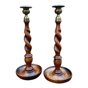 Antique English Barley Twist Candlesticks Candle Holders Oak Pair 13.25" Tall