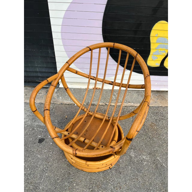 1970s Bent Rattan Swivel Lounge Chair in the Paul Frankl's Style. Circa 1970s For Sale - Image 5 of 12