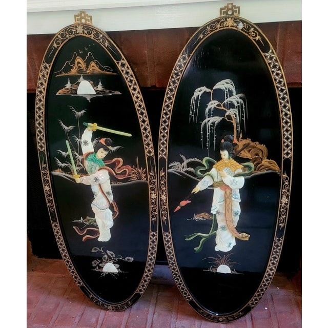 Wood Pair of Raised Jade Chinoiserie Oval Wall Panels, Circa 1930s For Sale - Image 7 of 7