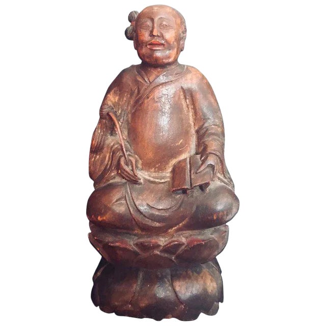 Mid 19th Century Antique Chinese Wood Carved Daoist Figurine For Sale