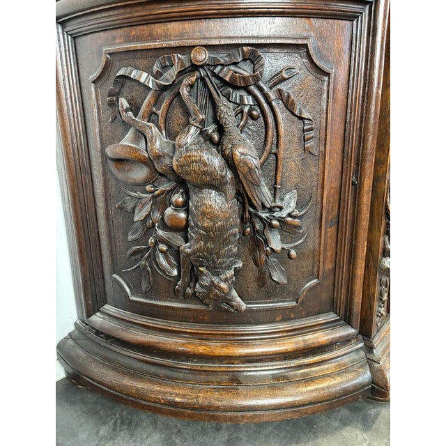 Henri II Style 2-Body Hunting Buffet in Carved Oak with Glass Top For Sale - Image 9 of 10
