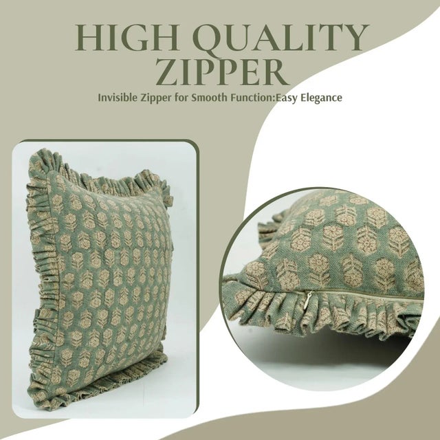 Art Deco Fabdivine Handcrafted Block Print Frill Cushion Cover Green 20x20 Inch Thick Linen- Tulsi Buti For Sale - Image 3 of 5