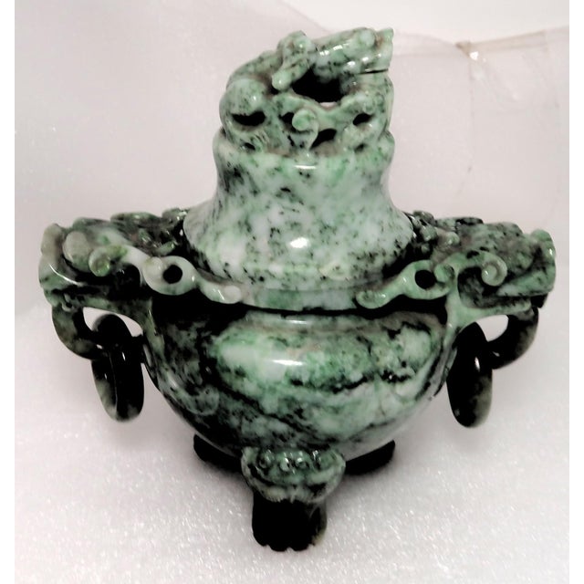 Vintage Chinese Jade Incense Burner, Covered, With Tripod Feet, Foo Dog Finial and Dragon Head Loose Ring Handles For Sale - Image 4 of 16