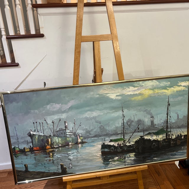 1960s 20th Century European School Oil on Canvas Boats in the Harbor Framed Signed For Sale - Image 5 of 12