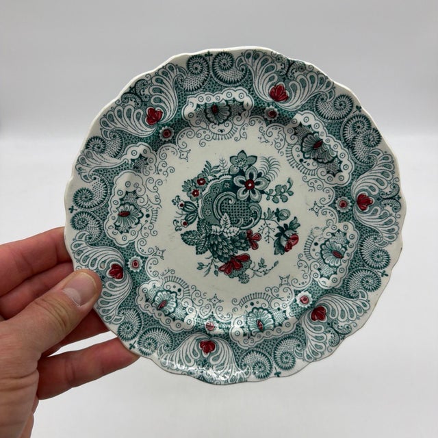 Green Set of 6 Antique English Adams Green & Red Transferware "Jacobean" Plates For Sale - Image 8 of 12