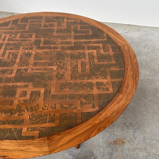 Vintage Wood Coffee Table with Etched Brass Top, 1970s For Sale - Image 9 of 14