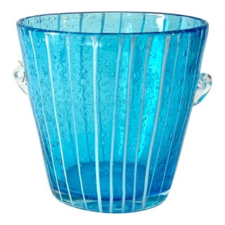 Blue Murano Glass Ice Bucket with hand blown Handles For Sale