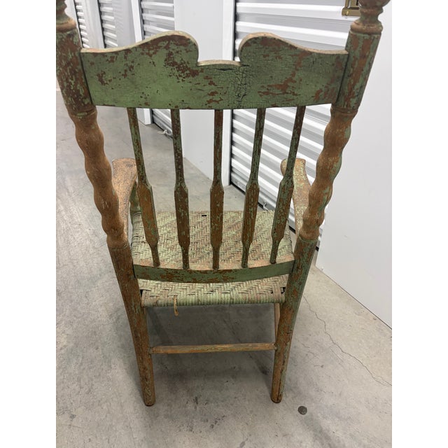 Early 20th Century Vintage American Primitive Distressed Green Spindle-Back Rush-Seat Armchair For Sale - Image 5 of 7