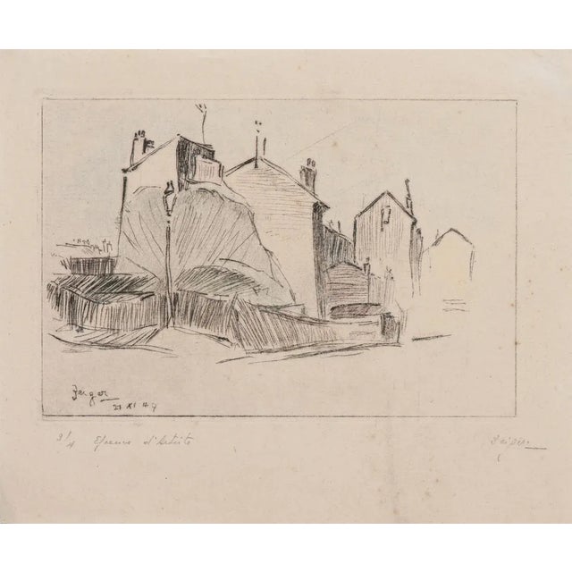 Parisian Houses is an original etching print on paper realized by Jaques Berger(1912-1978) artist of the mid-20th Century....