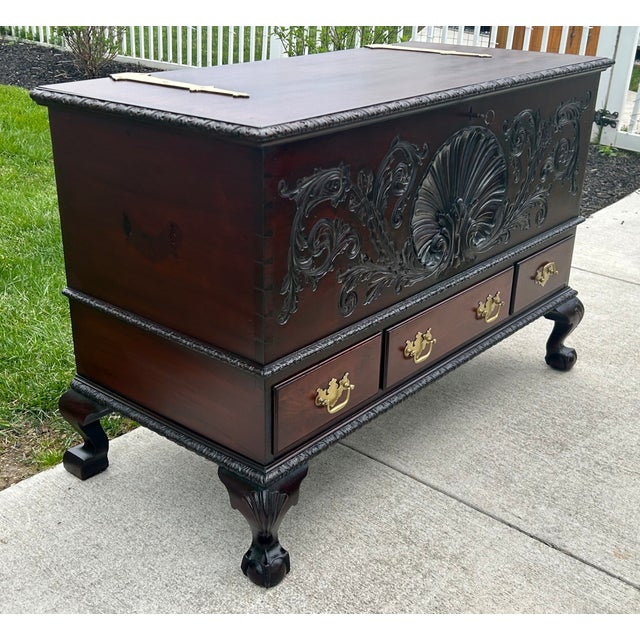 Chippendale Antique Solid Mahogany Shell Carved Claw Foot Centennial Blanket Chest For Sale - Image 3 of 17