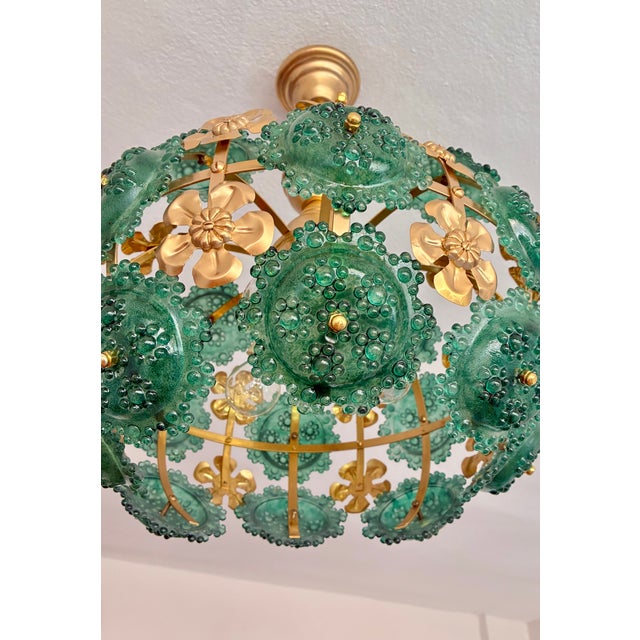 1970s Mid-Century Modern Style Teal Turquoise Hand-Painted Glass and Gold Floral Chandelier⁠ For Sale - Image 11 of 17