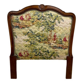 Vintage Louis XV Style Upholstered Twin Size Toile Tapestry Cushioned Headboard For Sale