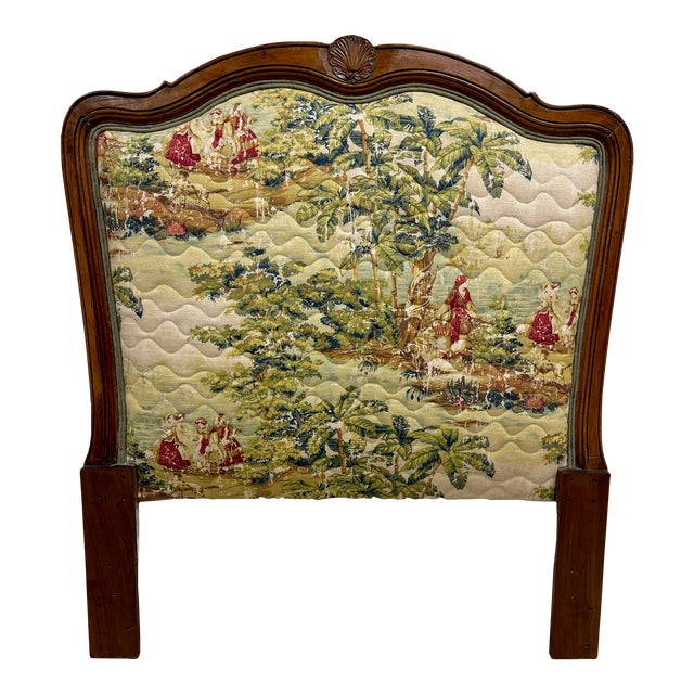 Vintage Louis XV Style Upholstered Twin Size Toile Tapestry Cushioned Headboard For Sale