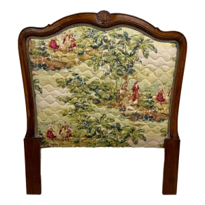 Vintage Louis XV Style Upholstered Twin Size Toile Tapestry Cushioned Headboard