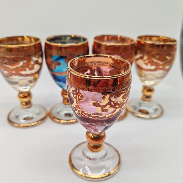 Baroque Venetian Bottle and Glasses in Glass with Gold Trim, Venice, Italy, 1950s, Set of 6 For Sale - Image 9 of 11