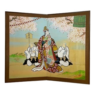 Late 19th Century Japanese Meiji Period Kabuki Hand Painted Wall /Floor Screen For Sale