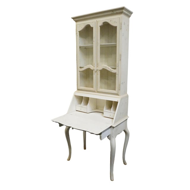 Wood Ethan Allen Country French Collection Off White 32" Secretary Desk W. Display Hutch - Hand Painted Accents 26-9204 / 26-9205 For Sale - Image 7 of 18