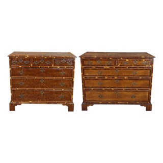 2 Antique English George II Style Oyster Burl Yew Bachelors Chest Dressers Pair For Sale