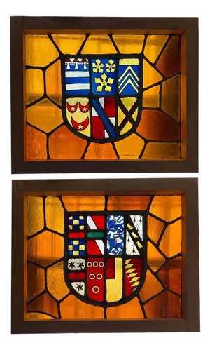 Pair of 19th Century French Stained and Leaded Glass Heraldic Windows