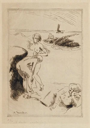 Swimmers - Original Etching by M. Asselin - Early 20th Century Early 20th Century