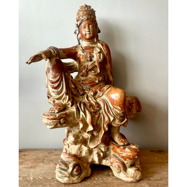 Late 20th Century Vintage Asian Carved Wood Guanyin Statue For Sale - Image 5 of 7