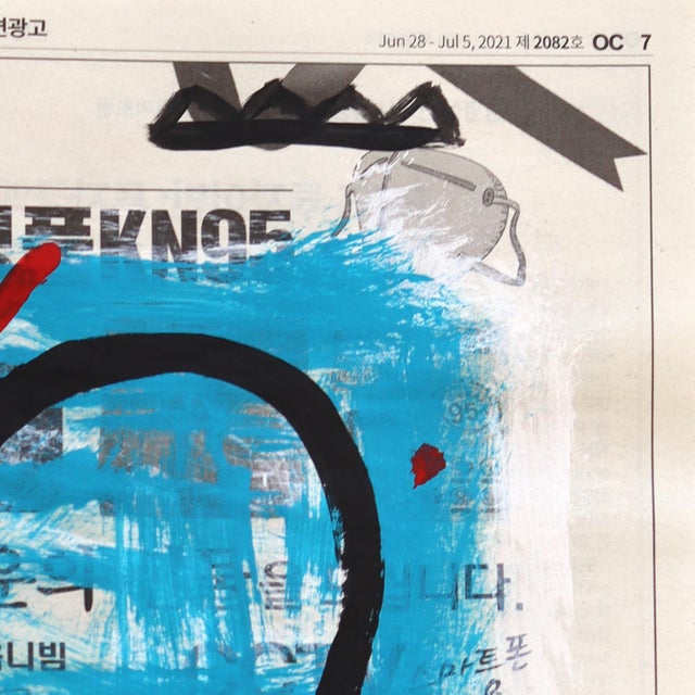 2020s Blue Heartbeat - Original Blue Abstract Street Art Painting on Newspaper by Gary John For Sale - Image 5 of 6