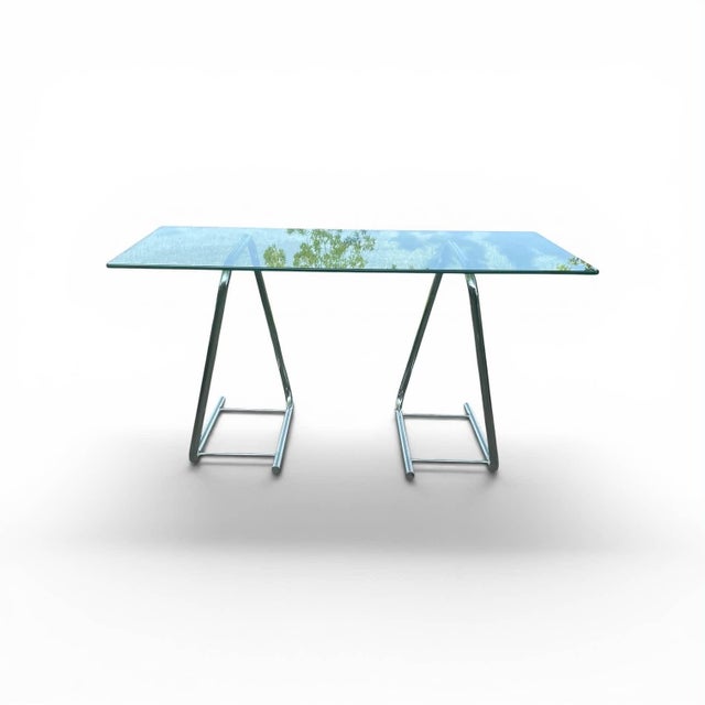 1970's Chrome Paperclip Tubular Tresles With Glass Top Table For Sale - Image 11 of 14