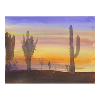 Late 20th Century Desert Cactus at Sunset Watercolor Painting For Sale