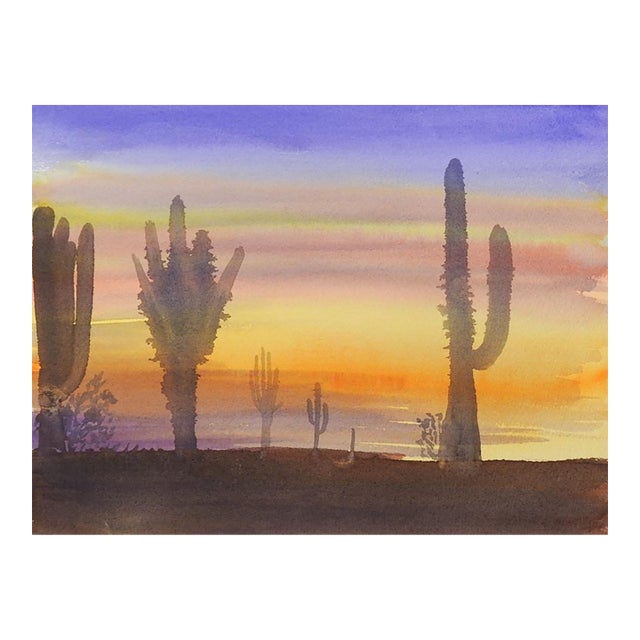 Late 20th Century Desert Cactus at Sunset Watercolor Painting For Sale