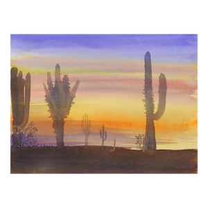 Late 20th Century Desert Cactus at Sunset Watercolor Painting