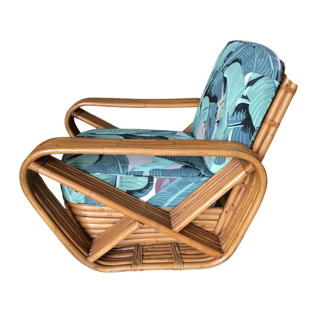 1950s Restored Rattan Six-Strand Square Pretzel Lounge Chair Paul Frankl Style For Sale - Image 5 of 7