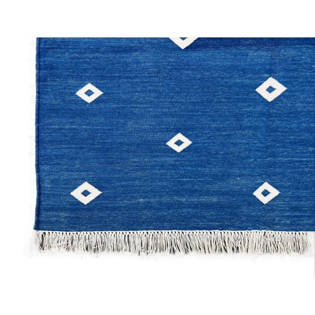 Not Yet Made - Made To Order Handmade Reversible Cotton Runner Rug Vegetable Dyed Blue and White Diamond Dhurrie Runner -3'x14' For Sale - Image 10 of 11
