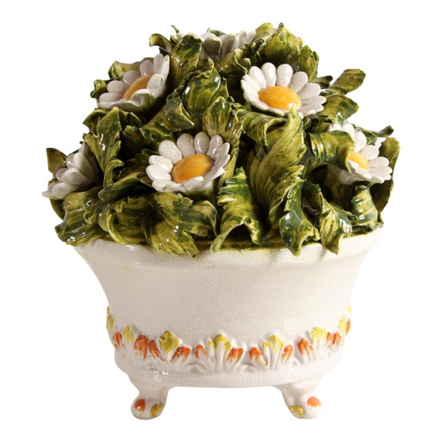 Vintage Mid Century Italian Majolica Ceramic Figural Pot of Daisy Flowers - Pair Available For Sale